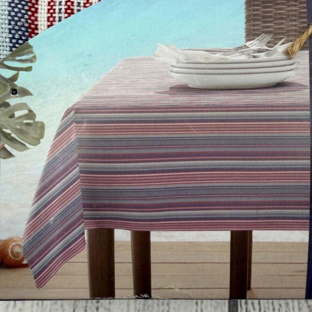 Tommy Bahama Tablecloth 60x104 Blue Red White Striped Coastal Woven Fringed